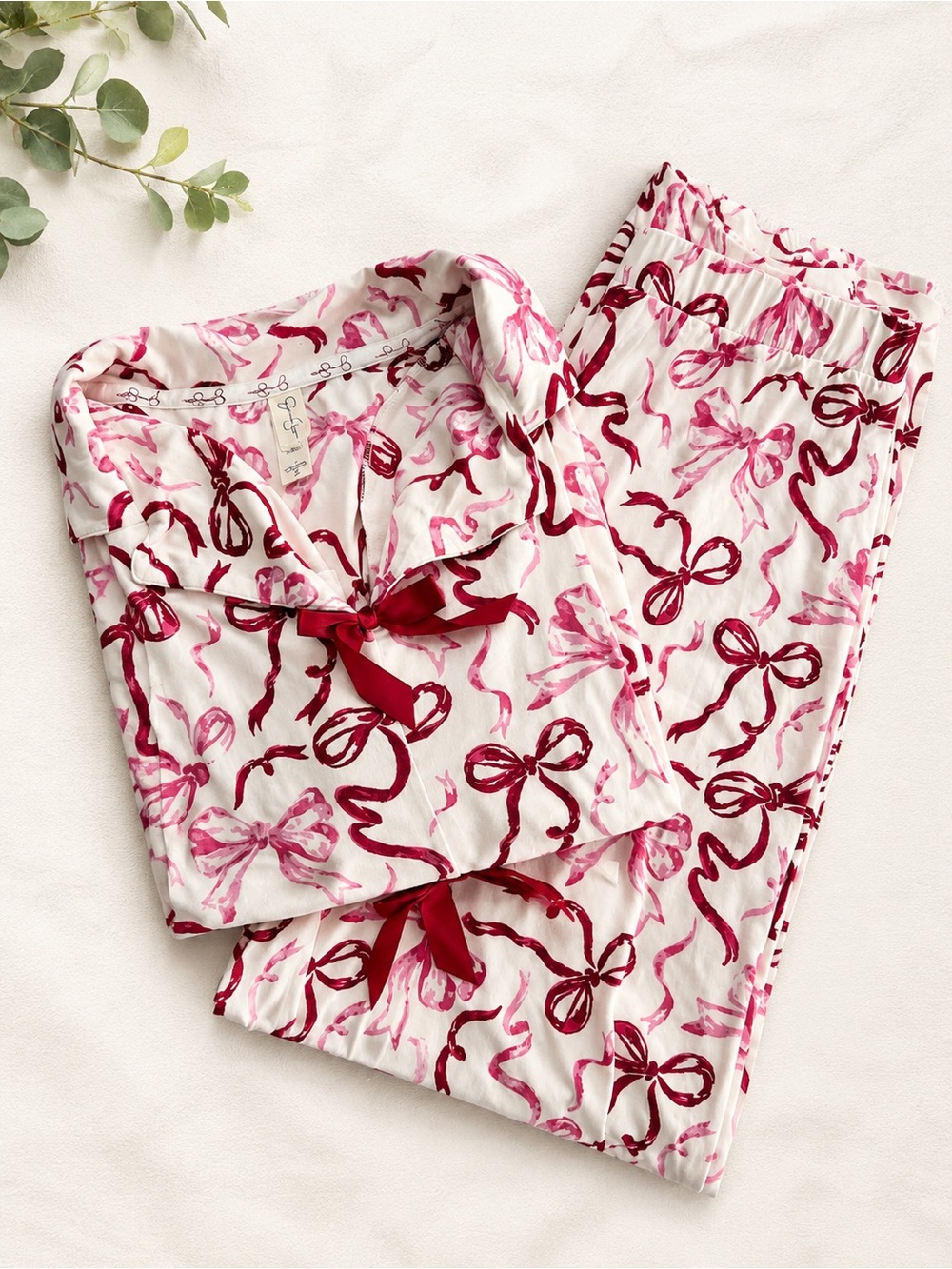 Jessica Simpson Bow Print Pajama Set Women’s Medium Pink Long Sleeve Sleepwear
